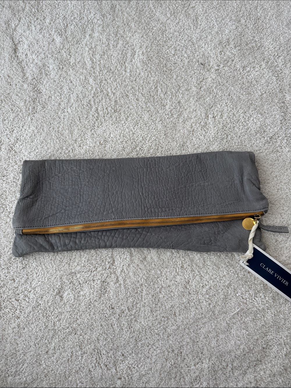 Clare V. Fold-Over Leather Clutch - Gray with Gold Zipper